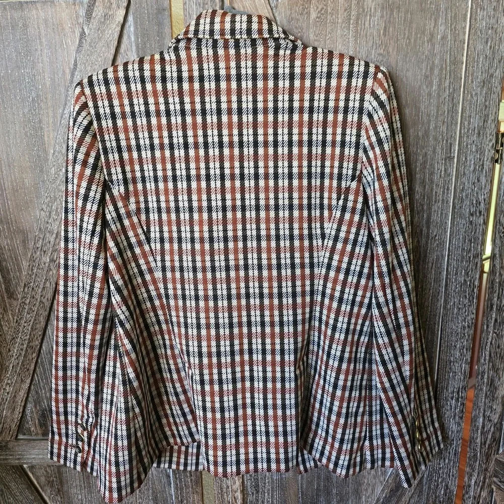 Cabi Jacket Women's Size Medium Brown Plaid Blazer Stretch Knit Pockets
